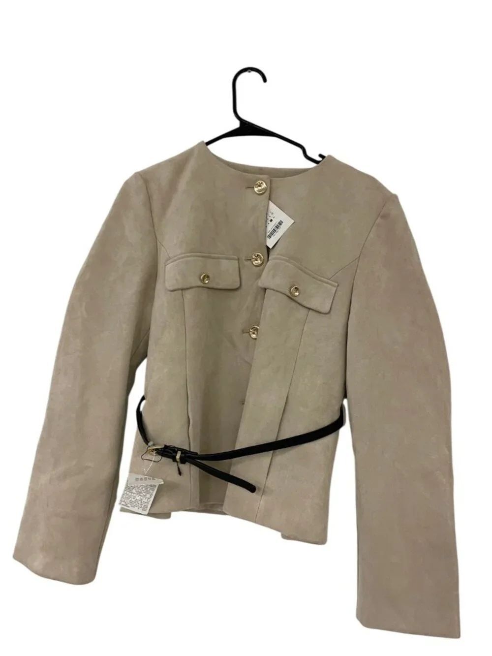 Zara Womens Faux Suede Blazer with Belt Large Beige Button Front 8741/260 NWT